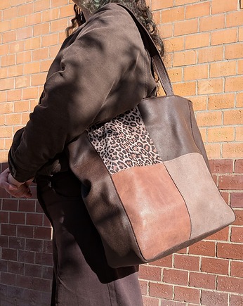 Shoper bag brązowa torba panterą, Łagoda