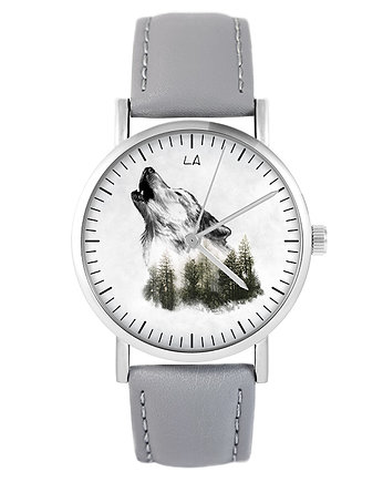 Zegarek - Wilk - skóra, szary, yenoo