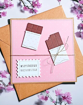 Wszystkiego najsłodszego : czekolada :: kartka uniwersalna. Różowa., kaktusia