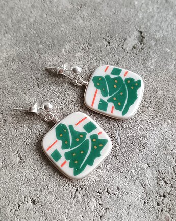 Kolczyki ceramiczne w choinki, biżuteria z talerzy