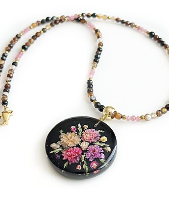 Naszyjnik z gipsówką - Agat i Turmalin, Colie