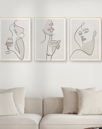 Zestaw 3 stylowych plakatów w stylu Boho, kobieta, twarz, line art., Grawisfera