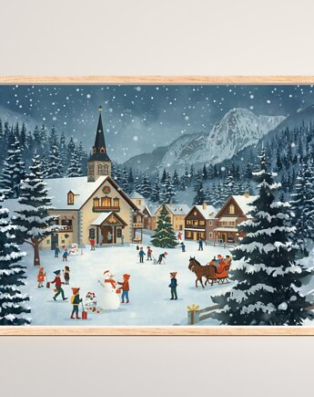 PLAKAT zimowa wioska ilustracja górski krajobraz zimowy, black dot studio