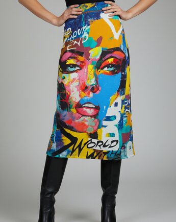 Spódnica midi Mudra z artystycznym wzorem twarzy, rozmiar L / 40, Auri Lili