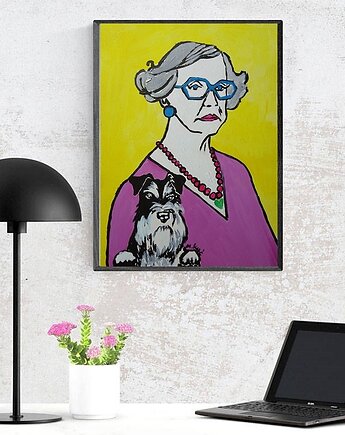 Obraz do salonu portret babci z pieskiem, alice oil on canvas