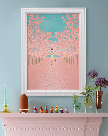 Kwitnące wiśnie - spacer z psem - plakat 50x70 cm, minimalmill