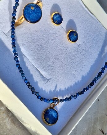 Komplet biżuterii artystycznej Lapis Lazuli z ręcznie malowaną akwarelą, Slow Jewelry