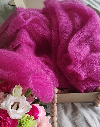 Różowy kardigan  z jedwabiem i kod mohair Chmurka oversize, Po.dziergane