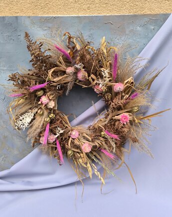 Wianek naturalny z suszonych traw, paproci i kwiatów, Rondo Kwiatowe
