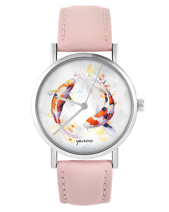 Zegarek - Karpie Koi - pudrowy róż, skóra, yenoo