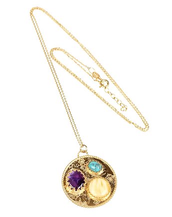 Złoty naszyjnik - medalion z turkusem, bursztynem i ametystem, Blooming Stones