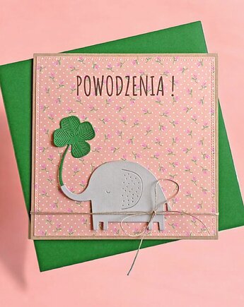 POWODZENIA - urocza, uniwersalna kartka - słonik, koniczynka, kaktusia