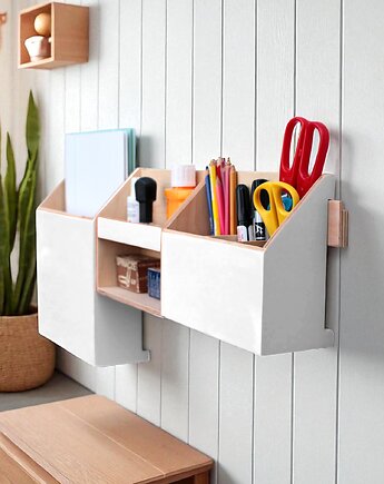 Biały Organizer drewniany  na ścianę, Clock Wood Studio