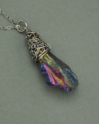 Wisiorek talizman surowy kwarc tytanowy kolorowy wire wrapping, Agata Rozanska