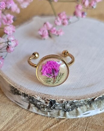 Wieczny kwiat pierścionek złoty różowy kwiat prawdziwy żywica, zkwiatem