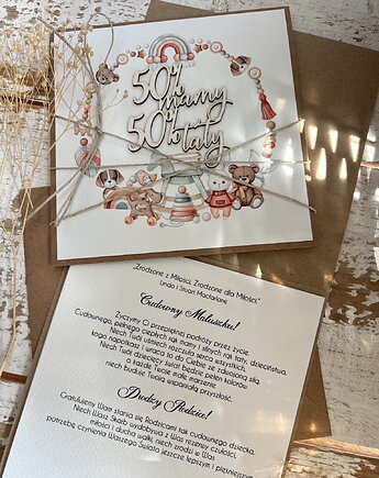 Ręcznie robiona kartka na narodziny dziecka - gratulacje 50% mamy 50% taty, sorte