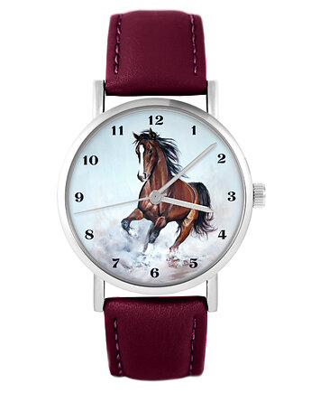 Zegarek - Brązowy koń, cyfry - skórzany, burgund, yenoo