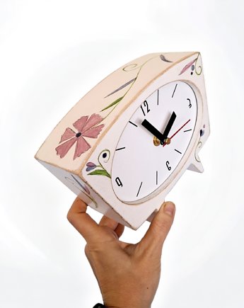 Zegar drewniany  biurkowy biały folk, Clock Wood Studio