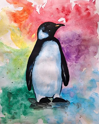 Biało czarna tęcza - kolory pingwin - Obraz akwarela papier A4 21x30, kkjustpaint Karolina Kamińska