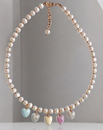 Perły naturalne i pastelowe ceramiczne serduszka : naszyjnik, kaktusia