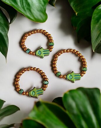 Hamsa : talizman chroniący od zła - pierścionek : hematyt emerald, kaktusia