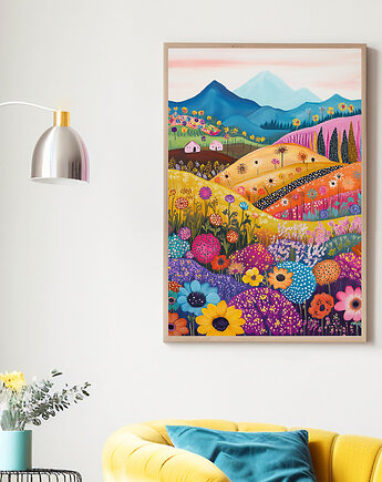 Plakat Sielski krajobraz z chatkami, kolorowymi polami i górami, Harvest Maison