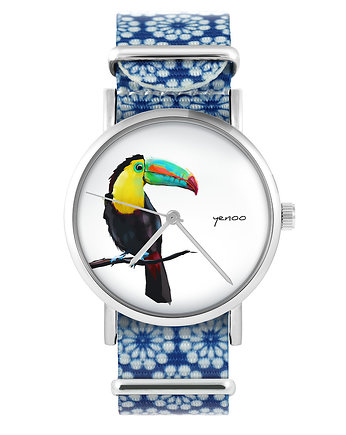 Zegarek - Tukan - niebieski, kwiaty, yenoo