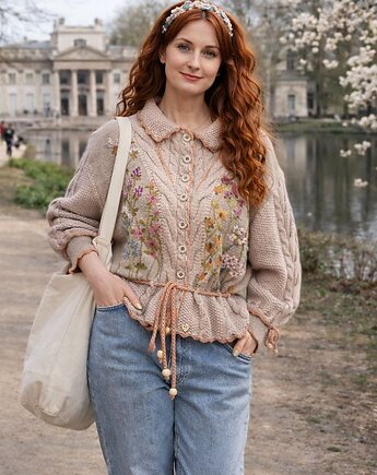 Beżowy kardigan z warkoczami i haftami, rozmiar L/XL, Z drugiej nitki