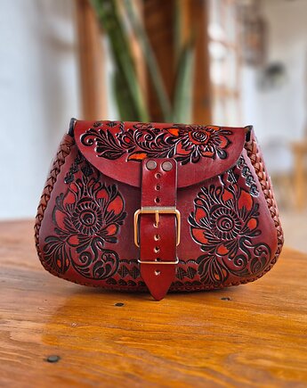 Torebka skórzana Folklora brązowa kwiaty ręcznie robiona, SempreArte