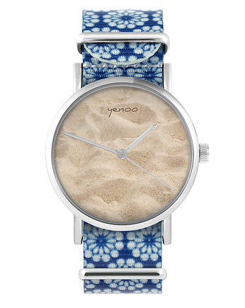 Zegarek - Piasek,plaża - niebieski, kwiaty, yenoo