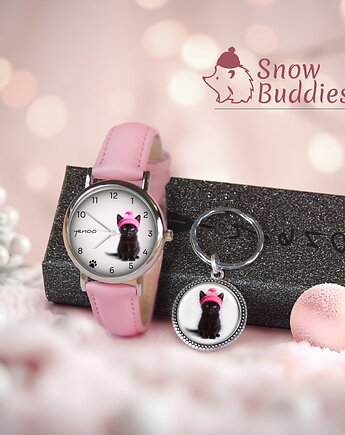 Zestaw prezentowy - Czarny kotek - zegarek i brelok - skórzany, różowy, yenoo