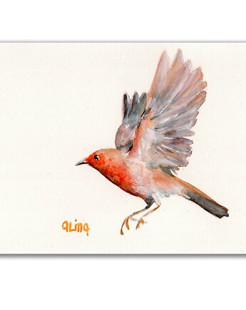 Akwarela ręcznie malowana "Rudzik" ptaki, Galeria Alma