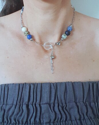 Naszyjnik FANABERIA łańcuchy, kulki kryształ górski, niebieski