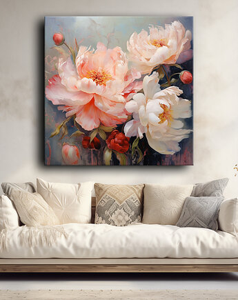 Kwiaty peonie - Obraz na płótnie - Druk, Blejtrama - Akwarela, Boho #7, Black Sapphire Art