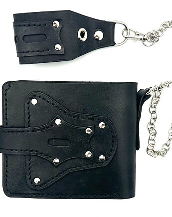 Czarny portfel skórzany na bilon ręcznie uszyty z łańcuszkiem do paska., Rkabags