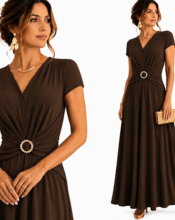 Czekoladowa Maxi sukienka z drapowanym paskiem 34-48, MM FASHION