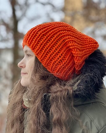 Czapka z merynosa 100%  neonowy pomarańcz, Made by Jaga