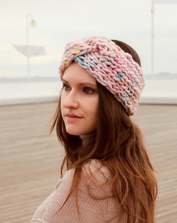 Kolorowa opaska turban z grubej wełny pastelowa, Holy Alpaca Knit
