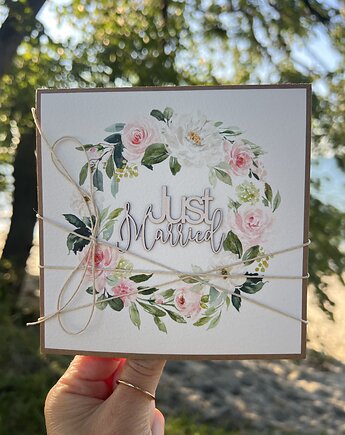 Kartka ślubna ręcznie robiona boho wedding card Just Married, sorte