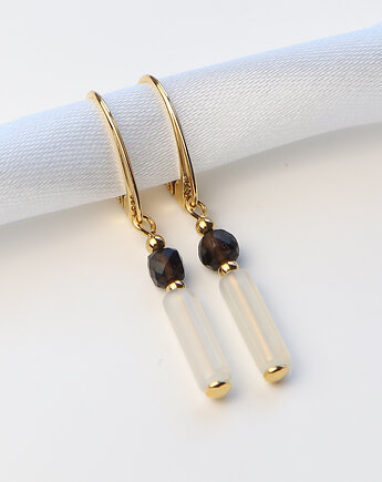 Kolczyki pozłacane - Kwarc Dymny, Biały Agat, Bring Biżuteria