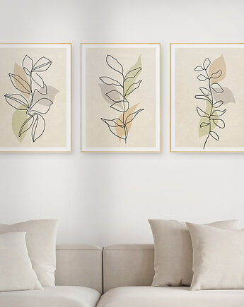 Zestaw 3 stylowych plakatów w stylu Boho, rośliny, liście, kwiaty, line art., Grawisfera