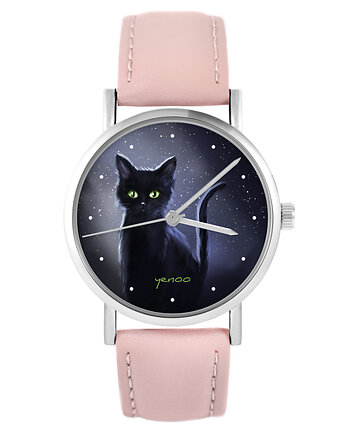 Zegarek - Czarny kot, noc - pudrowy róż, skóra, yenoo