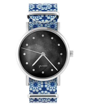 Zegarek - Czarny - niebieski, kwiaty, yenoo