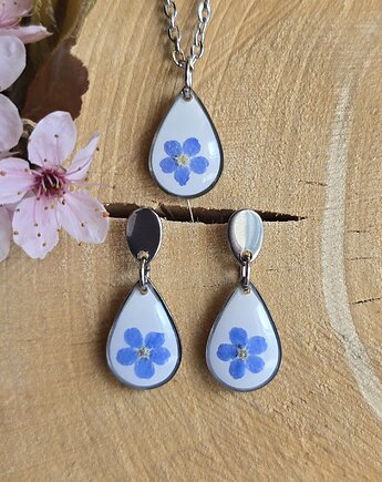 Komplet zawieszka i kolczyki srebrne z kwiatami łezki niezapominajki, zkwiatem