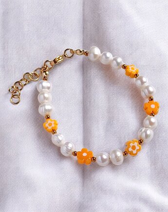 Bransoletka : DAISY : perły naturalne i szklane kwiatuszki, kaktusia