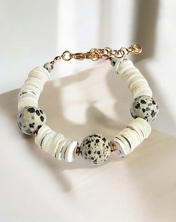 UNIKATOWA bransoletka: muszla kremowa i jaspis dalmatyński, kaktusia