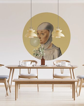 Mural DOTS  Kobieta z Gumą Balonową CYTRYNOWY- okrągła dekoracja ścienna, Ravenart