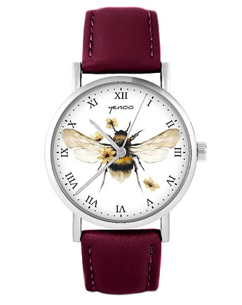 Zegarek - Bee natural - skórzany, burgund, yenoo