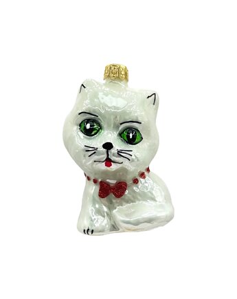 Bombka choinkowa: Kot z czerwoną muchą: biały, Syn Bombkarza