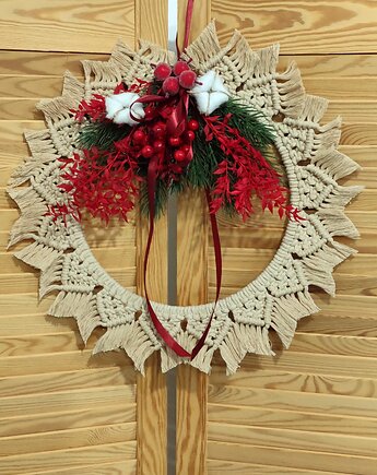 Świąteczny wianek z makramy dekoracja na ścianę na kominek prezent, miaukramy